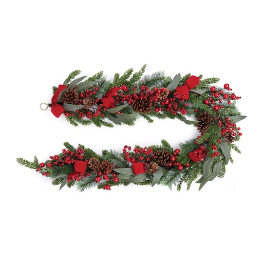 Melrose 6ft. Green Fresh Touch Pine, Pinecones & Berry with Ribbon Decorative Garland